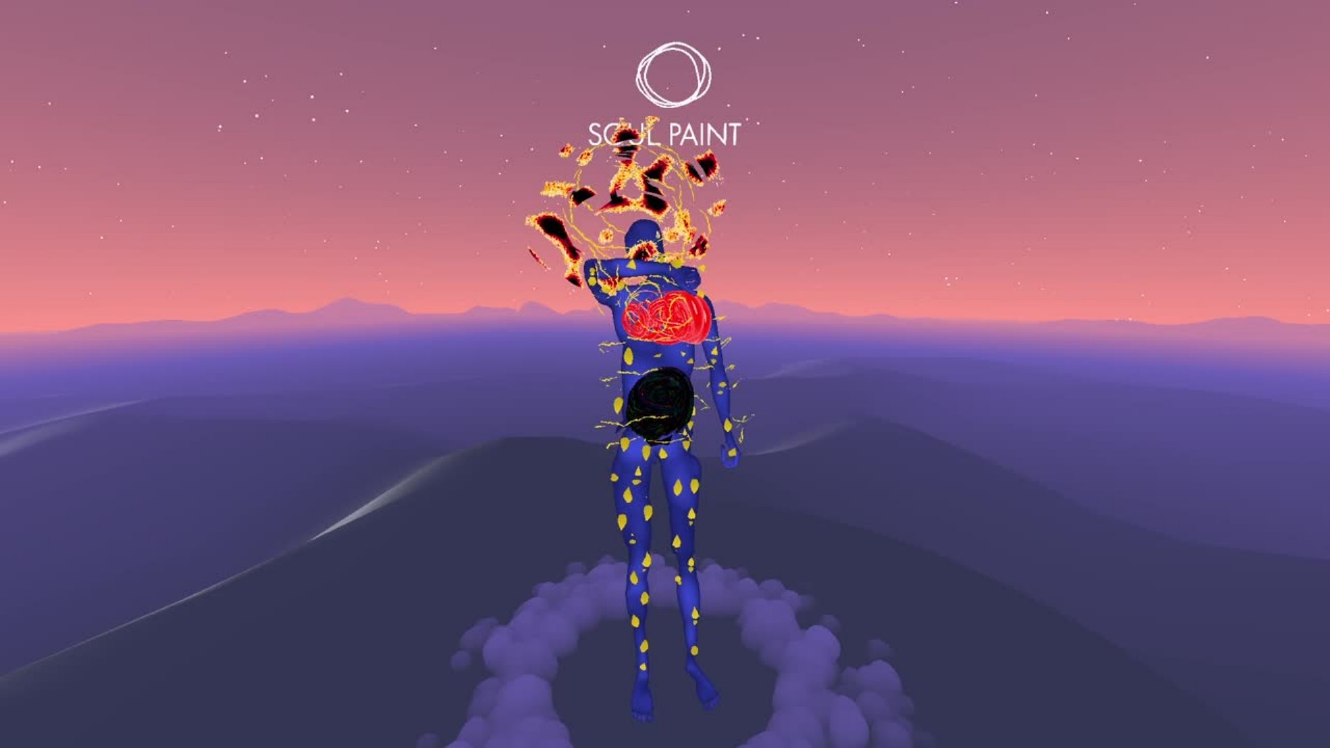 Een figuur met kleurrijke vormen op het lichaam staat op een bergtop bij zonsondergang