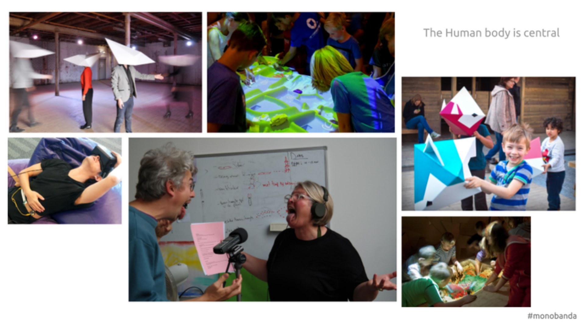 Collage: mensen die bewegen, zingen en spelen in installaties van Monobanda