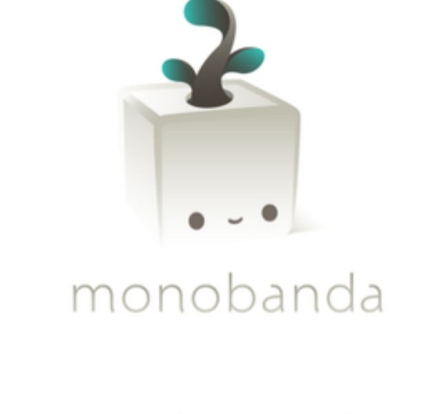 Logo van Monobanda: een wit blokje met een gezichtje waar een plantje uit groeit