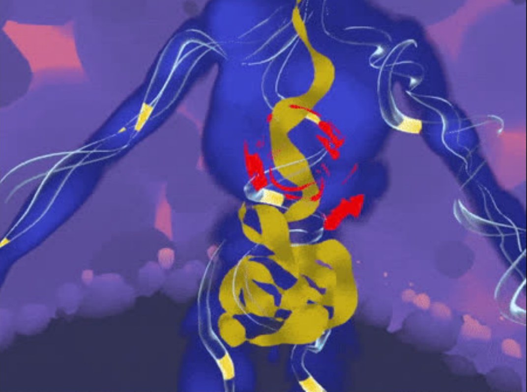 Gele en rode penseelstreken op een paars lichaam in Soul Paint