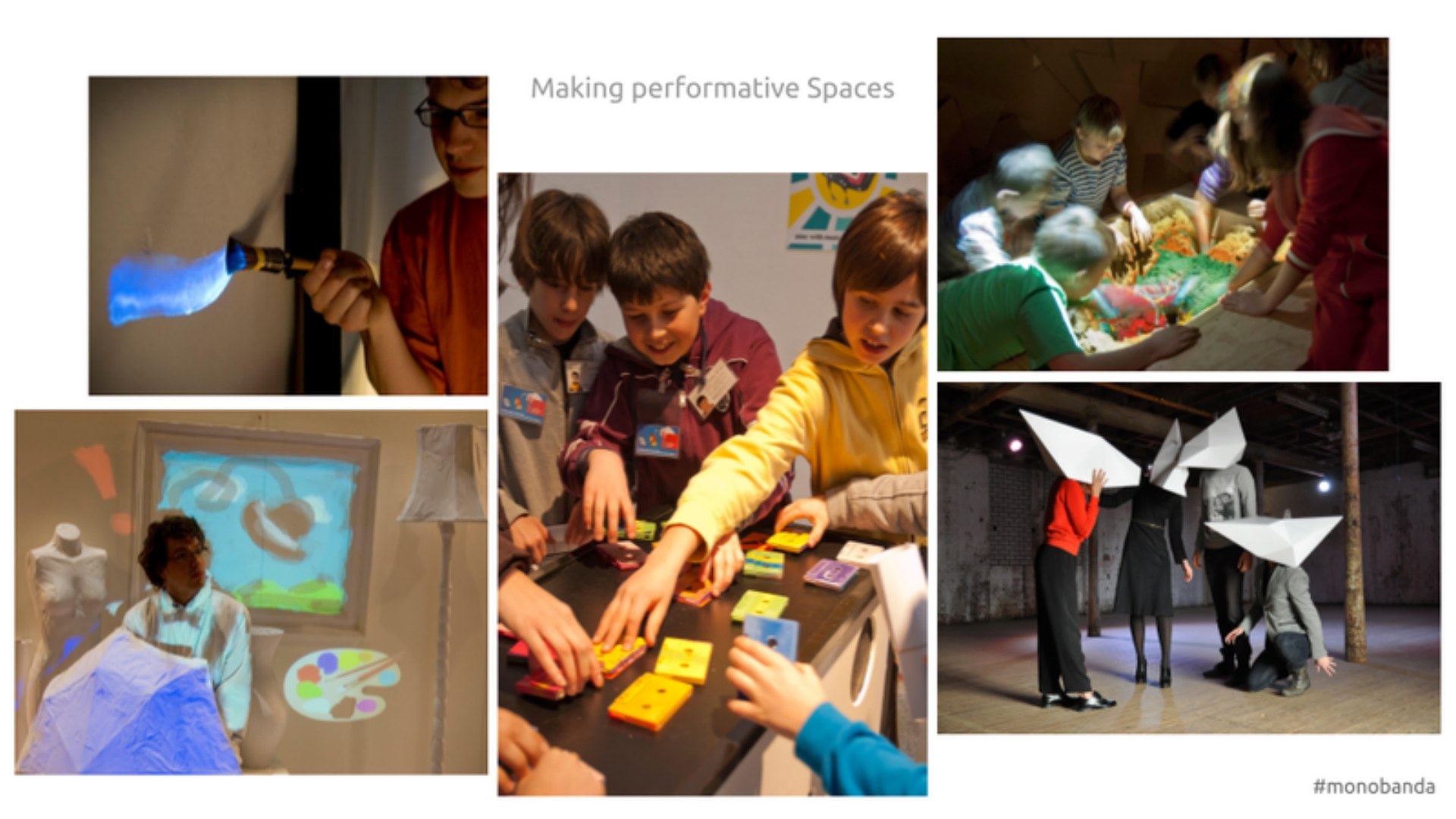 Collage van Monobanda-projecten: kinderen die samen spelen, lichtprojecties en grote papieren vleugels