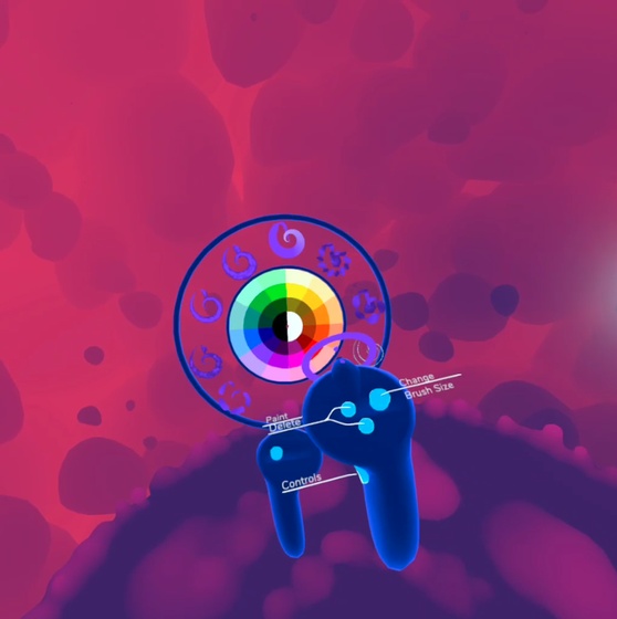 Een kleurenwiel boven een VR-controller